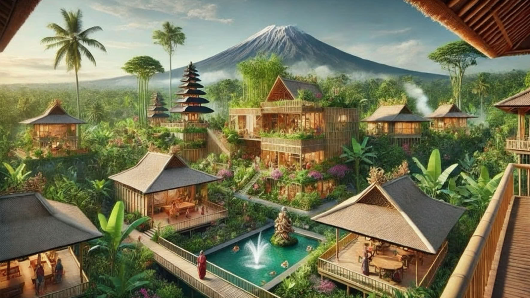 image of a lush, tropical Balinese landscape with Mount Agung towering in the background.